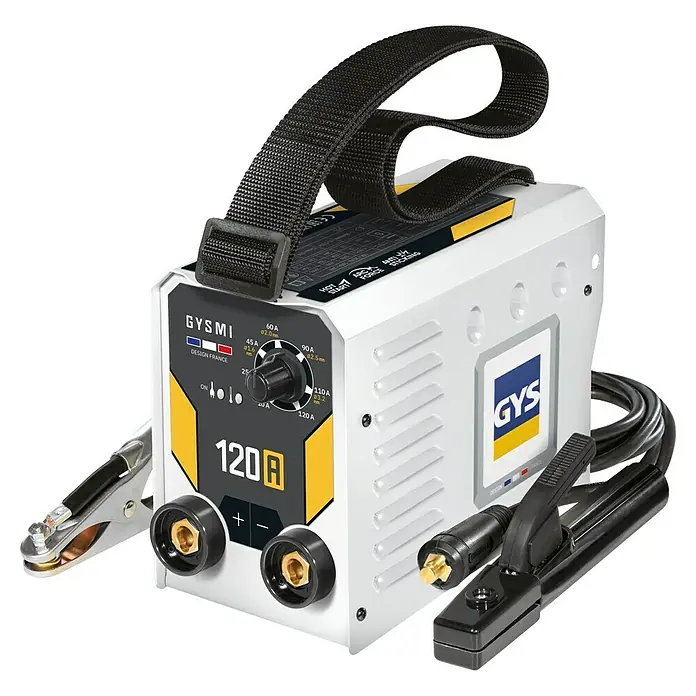 Gys Schweißgerät GYSMI120A - Schweißstrom: 10 A - 120 A, L x B x H: 23 x 15 x 10 cm - Weißes und gelbes GYSMI 120A Inverter-Schweißgerät mit Masseklemme, Elektrodenhalter und Tragegurt.