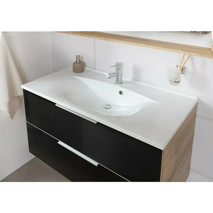 Fackelmann B.brillant Badmöbel-Set - Gesamtbreite Badmöbel: 100 cm, Mit Gussmarmorbecken, Anthrazit, Material Waschbecken: Marmorguss - Moderne Bad-Waschtischanlage mit weißem Keramikbecken, glänzend schwarzen Schubladen und Holzoptik-Seitenwand.
