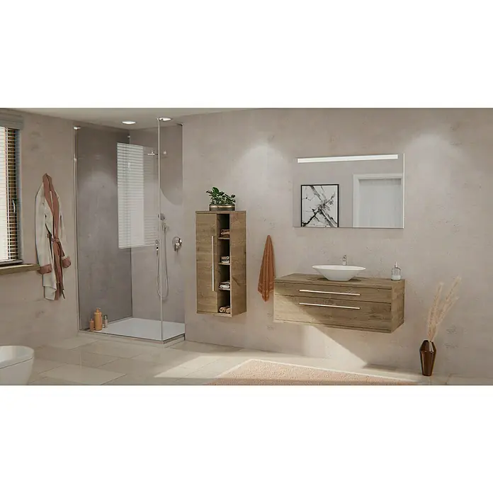 Fackelmann Oxford Waschtisch - Ø x H: 420 x 155 mm, Hahnloch: Ohne, Ohne Überlauf, Weiß - Moderne Badezimmer-Waschtischkombination in Holzoptik mit Waschbecken und Schubladen, ergänzt durch einen passenden Hochschrank.