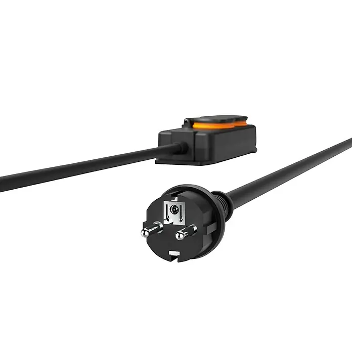 Hama Steckdosenleiste 2-fach 00223061 IP44 Wandmontage - Kabellänge: 2 m - Schwarzes Stromkabel mit geerdetem Stecker und Inline-Sicherheitsschalter mit orangefarbener Taste.