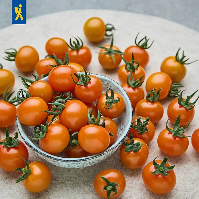 Piardino Cherrytomate veredelt - Lycopersicon esculentum, 12 cm, Erntezeit: Juli - Haufen frischer orangefarbener und goldener Kirschtomaten mit grünen Stielen, teils in einer blauen Schale, teils verstreut.