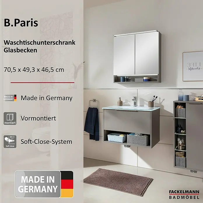 Fackelmann B.Paris Badmöbel-Set - Gesamtbreite Badmöbel: 70,5 cm, Mit Glasbecken, Cubanit grau, Waschbecken aus Glas - Ein moderner grauer Waschtischunterschrank mit Glasbecken, Spiegelschrank und passendem Hochschrank im Badezimmer.