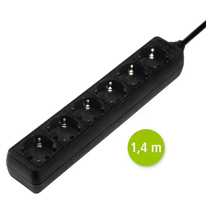 Hama Steckdosenleiste 0030393 - Anzahl Steckdosen: 6 Stück, Kabellänge: 1,4 m, IP20, Schwarz - Schwarze 5-fach Steckdosenleiste mit 1,4 m Kabel.