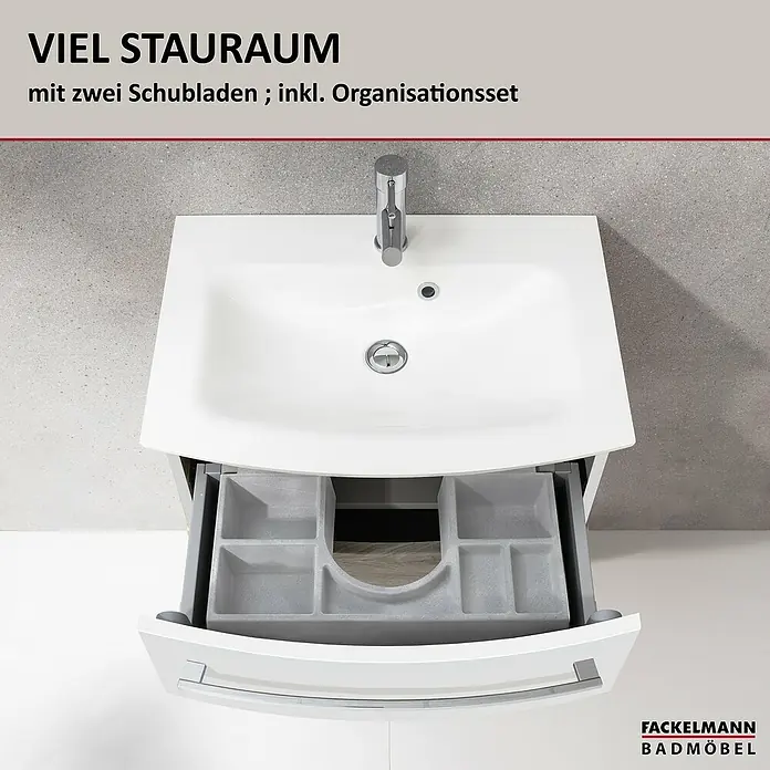 Fackelmann B.style Badmöbel-Set - Gesamtbreite Badmöbel: 63,2 cm, Weiß - Weißer Badunterschrank mit Waschbecken und offener Schublade mit grauem Ordnungssystem.