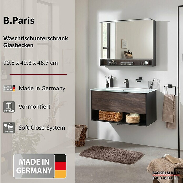 Fackelmann B.Paris Badmöbel-Set (Gesamtbreite Badmöbel: 90,5 cm, Mit Glasbecken, Rigoletto Eiche Holzoptik/Schwarz) | BAUHAUS