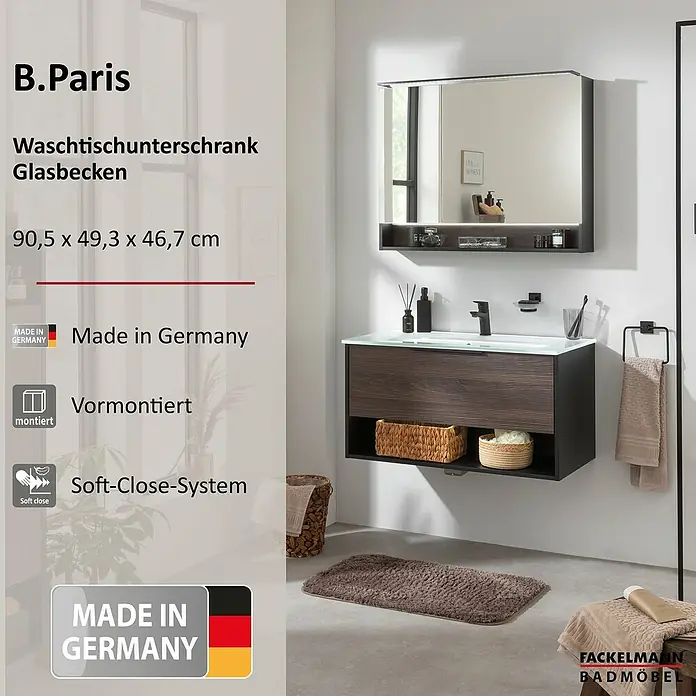 Fackelmann B.Paris Badmöbel-Set - Gesamtbreite Badmöbel: 90,5 cm, Mit Glasbecken, Rigoletto - Dunkler Waschtischunterschrank aus Holz mit Glasbecken und passendem Spiegelschrank, mit Soft-Close-Schubladen und vormontiert.