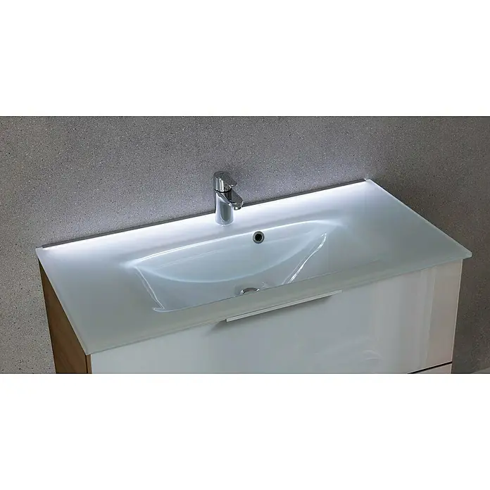 Fackelmann B.brillant Badmöbel-Set - Gesamtbreite Badmöbel: 100 cm, Mit Glasbecken, Weiß, Waschbecken aus Glas - Weißer Badwaschtisch mit integriertem Waschbecken, Chromarmatur und LED-Beleuchtungsstreifen.
