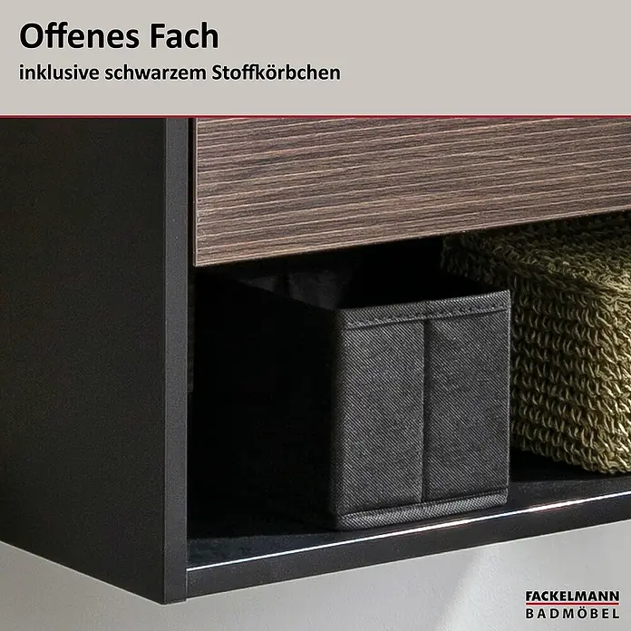 Fackelmann B.Paris Badmöbel-Set - Gesamtbreite Badmöbel: 70,5 cm, Mit Glasbecken, Rigoletto - Offenes Fach in dunklem Möbelstück, inklusive schwarzem Stoffkörbchen.
