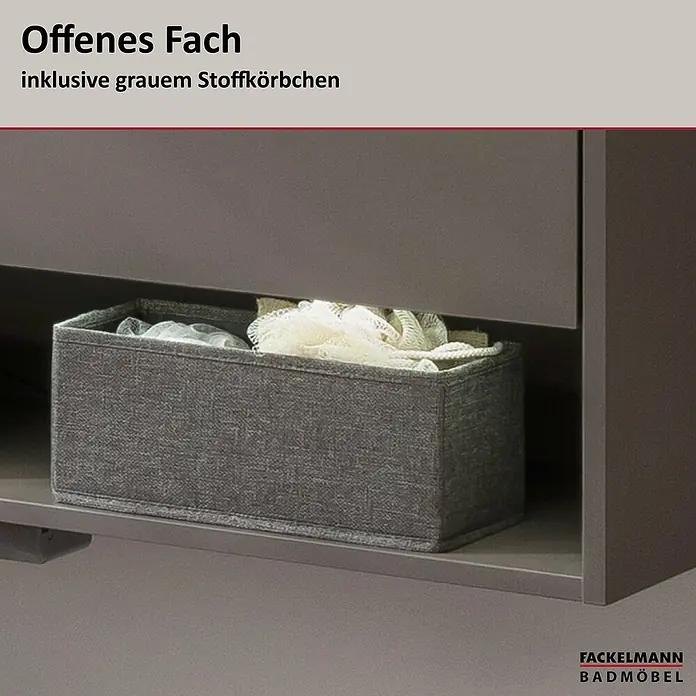 Fackelmann B.Paris Badmöbel-Set - Gesamtbreite Badmöbel: 70,5 cm, Mit Glasbecken, Cubanit grau, Waschbecken aus Glas - Offenes Fach mit grauem Stoff-Aufbewahrungskörbchen, in Badmöbel integriert.