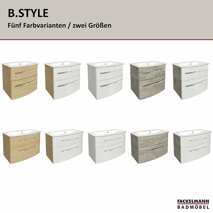 Fackelmann B.style Badmöbel-Set - Gesamtbreite Badmöbel: 83,2 cm, Nature Oak Holzoptik - Verschiedene Badmöbel-Waschtischunterschränke mit integrierten Becken, in hellem Holz, Weiß und grauem Holz, mit zwei oder drei Schubladen.