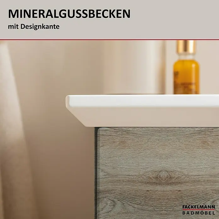Fackelmann B.style Badmöbel-Set - Gesamtbreite Badmöbel: 63,2 cm, Nature Oak Holzoptik - Mineralgussbecken mit moderner Designkante, auf einem Holzunterschrank montiert.