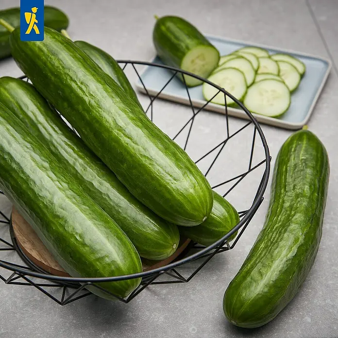 Gurke veredelt - Cucumis sativus 'Midele', 12 cm - Frische grüne Gurken in einem schwarzen Drahtkorb, eine ganze Gurke und Scheiben auf einem Teller.