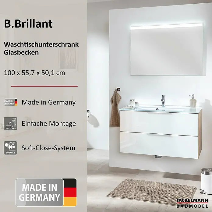 Fackelmann B.brillant Badmöbel-Set - Gesamtbreite Badmöbel: 100 cm, Mit Glasbecken, Weiß, Waschbecken aus Glas - Weißer wandmontierter Waschtischunterschrank mit Glaswaschbecken und Soft-Close-Schubladen unter einem beleuchteten Spiegel.