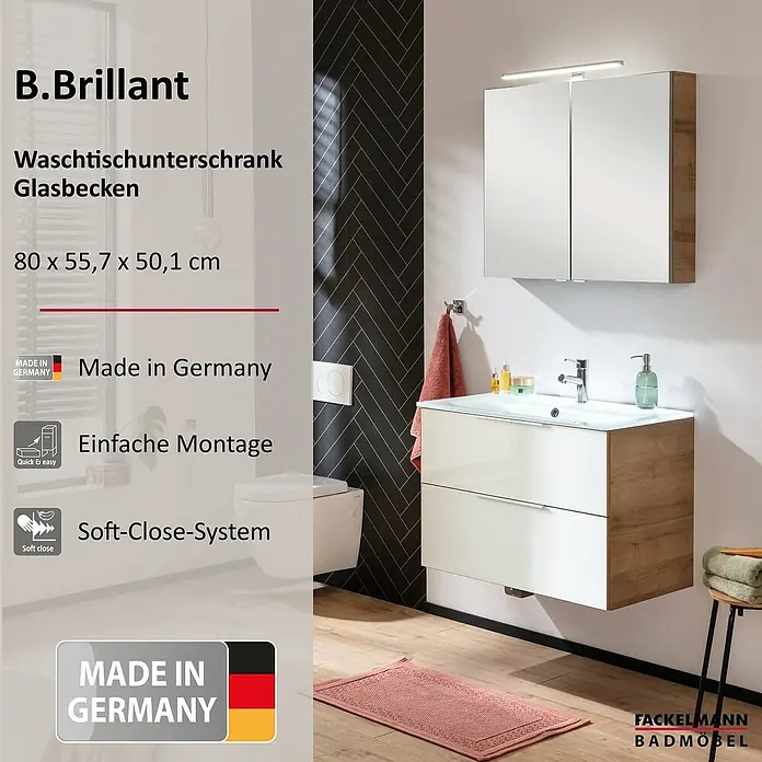 Fackelmann B.brillant Badmöbel-Set - Gesamtbreite Badmöbel: 80 cm, Mit Glasbecken, Weiß, Waschbecken aus Glas - Weißer Waschtischunterschrank mit Glasbecken und Holzseiten, 80x55,7x50,1 cm, mit Soft-Close-System und einfacher Montage. Made in Germany.