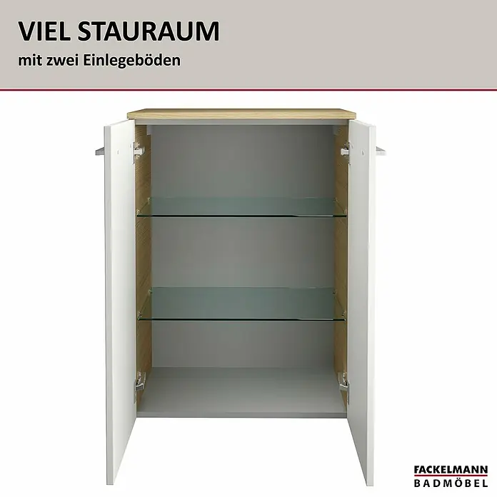 Fackelmann B.style Bad-Midischrank - B x T x H: 60,2 x 32 x 82,6 cm, Sandeiche/Weiß - Offener weißer Badschrank mit heller Holzplatte und zwei Glasablagen.