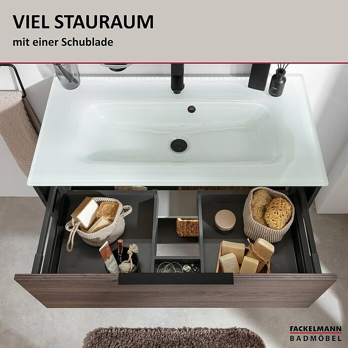 Fackelmann B.Paris Badmöbel-Set (Gesamtbreite Badmöbel: 90,5 cm, Mit Glasbecken, Rigoletto Eiche Holzoptik/Schwarz) | BAUHAUS