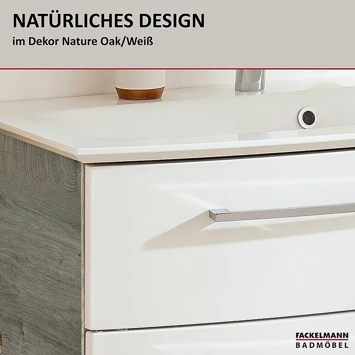 Fackelmann B.style Badmöbel-Set - Gesamtbreite Badmöbel: 83,2 cm, Nature Oak Holzoptik/Weiß - Weißer Badmöbel-Waschtisch mit Nature Oak Akzent und integriertem Waschbecken.