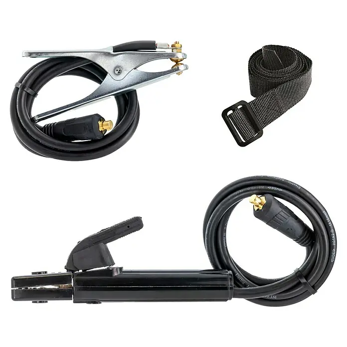 Gys Schweißgerät GYSMI160A - Schweißstrom: 10 A - 160 A, L x B x H: 23 x 15 x 10 cm - Schwarze Schweißelektrodenhalterung, Masseklemme, Kabel und ein verstellbarer Gurt mit Schnalle.