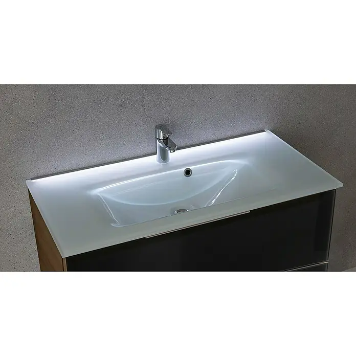 Fackelmann B.brillant Badmöbel-Set - Gesamtbreite Badmöbel: 100 cm, Mit Glasbecken, Anthrazit, Waschbecken aus Glas - Moderner Badwaschtisch mit integriertem weißen Glasbecken, Chromarmatur und dezenter LED-Beleuchtung.