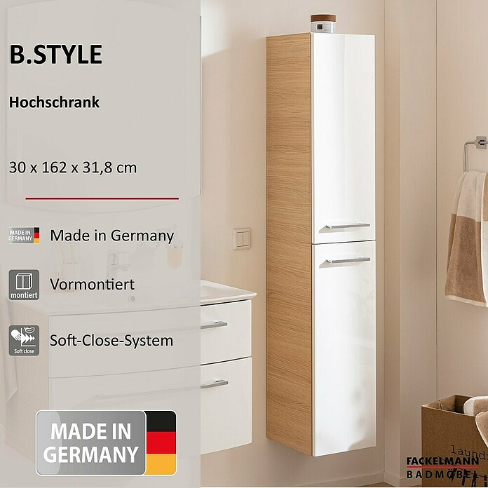Fackelmann B.style Hochschrank (B x T x H: 30 x 31,8 x 162 cm, Anschlag: Rechts, Weiß Hochglanz/Sandeiche) | BAUHAUS