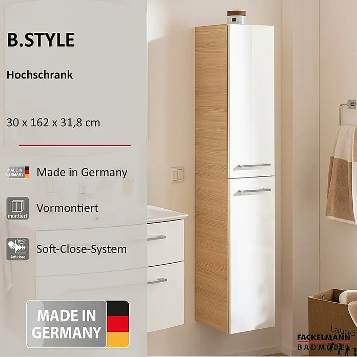 Fackelmann B.style Bad-Hochschrank - B x T x H: 30 x 31,8 x 162 cm, Sandeiche/Weiß, DIN Anschlag: Rechts - Hoher Badschrank mit weißen Hochglanztüren und heller Holzoptik, Soft-Close-System, im modernen Badezimmer.
