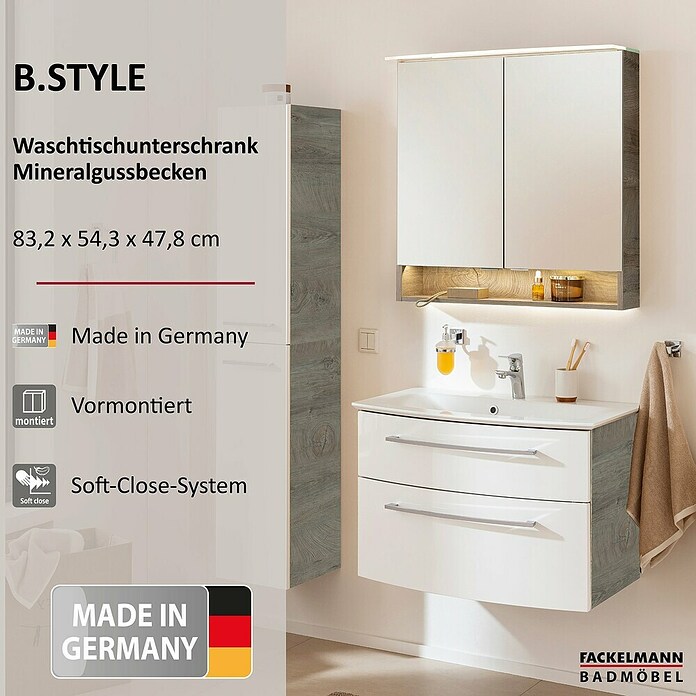 Fackelmann B.style Badmöbel-Set (Gesamtbreite Badmöbel: 83,2 cm, Weiß Hochglanz/Nature Oak Holzoptik) | BAUHAUS