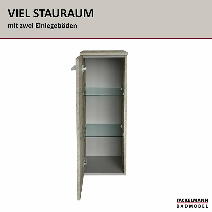 Fackelmann B.style Bad-Midischrank - B x T x H: 30,2 x 32 x 82,6 cm, Nature Oak Holzoptik, DIN Anschlag: Links - Wandhängender Badschrank in heller Holzoptik mit Tür und zwei Glaseinlegeböden.
