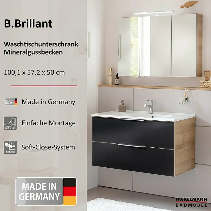 Fackelmann B.brillant Badmöbel-Set - Gesamtbreite Badmöbel: 100 cm, Mit Gussmarmorbecken, Anthrazit, Material Waschbecken: Marmorguss - Waschtischunterschrank B.Brillant mit schwarzen Fronten, Holzseiten und Mineralgussbecken im modernen Bad, mit einfacher Montage und Soft-Close.