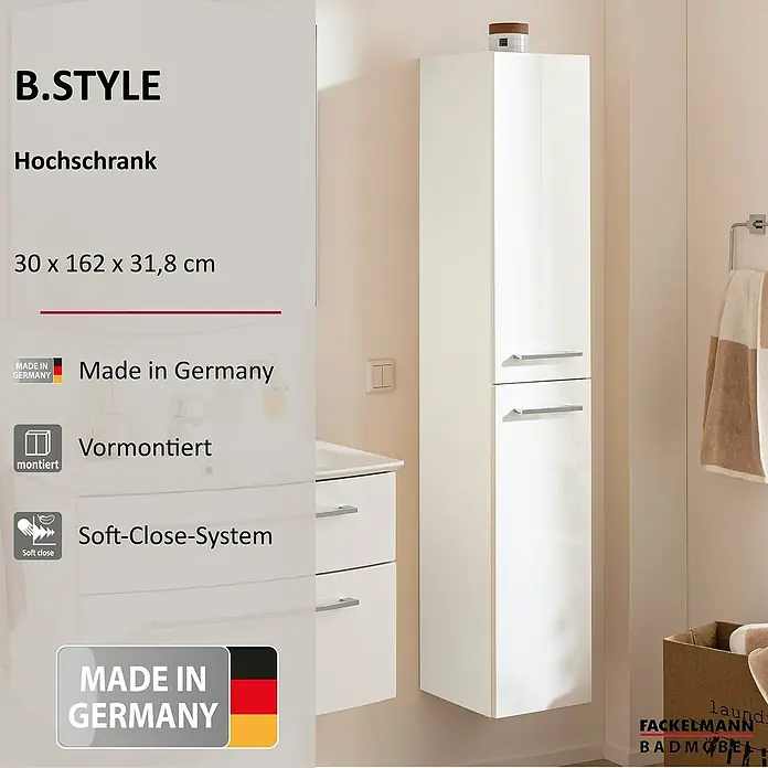 Fackelmann B.style Bad-Hochschrank - B x T x H: 30 x 31,8 x 162 cm, Weiß, DIN Anschlag: Rechts - Weißer, glänzender Hochschrank (30x162x31,8 cm) für das Badezimmer mit Soft-Close-System, vormontiert.