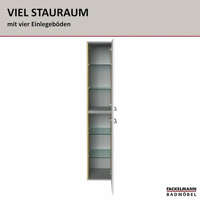 Fackelmann B.style Bad-Hochschrank - B x T x H: 30 x 31,8 x 162 cm, Sandeiche/Weiß, DIN Anschlag: Rechts - Hoher weißer Badschrank mit heller Holzoptik innen, vier Glasböden und silbernen Griffen für viel Stauraum.