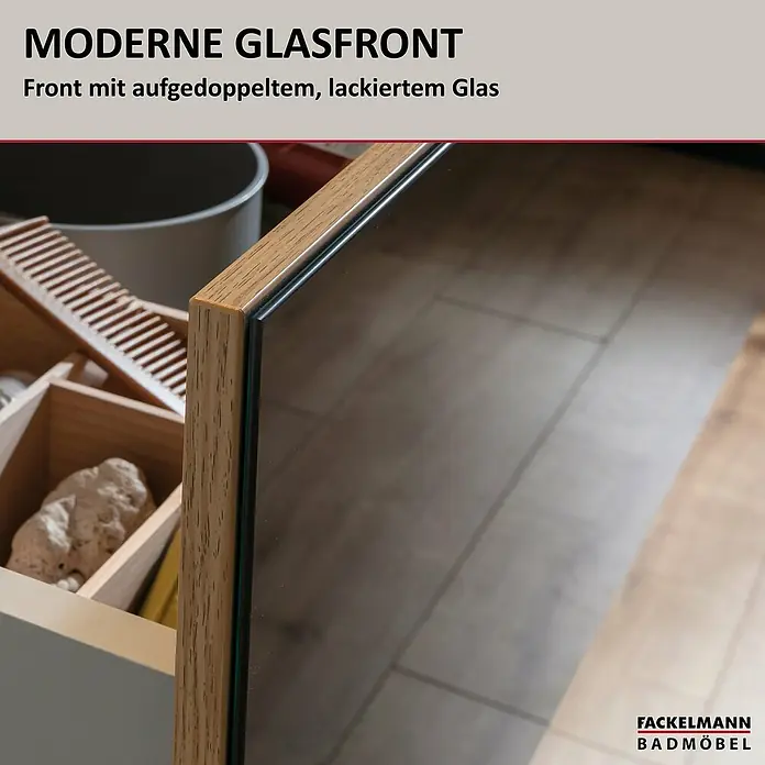 Fackelmann B.brillant Badmöbel-Set - Gesamtbreite Badmöbel: 100 cm, Mit Glasbecken, Anthrazit, Waschbecken aus Glas - Badschublade mit lackierter Glasfront und Holzrahmen, zeigt organisiertes Innenleben.