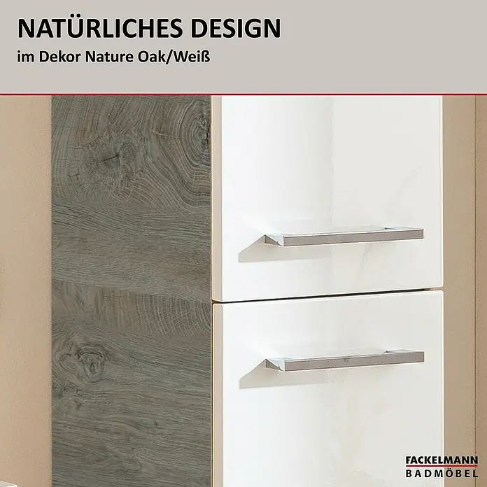 Fackelmann B.style Bad-Hochschrank - B x T x H: 30 x 31,8 x 162 cm, Nature Oak Holzoptik/Weiß, DIN Anschlag: Rechts - Badezimmerschrank in Nature Oak Dekor und Hochglanz Weiß, mit eleganten Griffen.