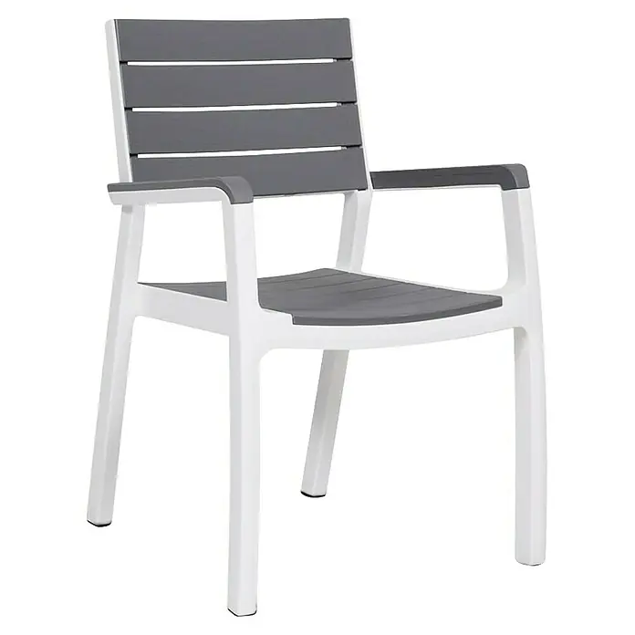 Keter Silla de jardín Harmony - 47 x 60 x 86 cm, Polipropileno, Gris/Blanco - Sillón de exterior de lamas blanco y gris con reposabrazos anchos.