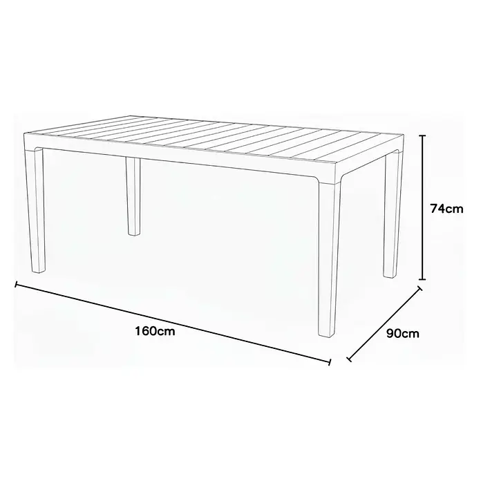 Keter Mesa de jardín Harmony - L x An x Al: 160 x 90 x 74 cm, Polipropileno, Gris/Blanco - Dibujo lineal de una mesa rectangular con dimensiones: 160cm de largo, 90cm de ancho, 74cm de alto.