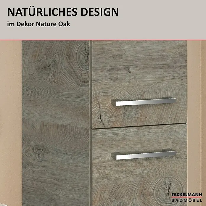 Fackelmann B.style Bad-Hochschrank - B x T x H: 30 x 31,8 x 162 cm, Nature Oak Holzoptik, DIN Anschlag: Rechts - Badmöbel aus Natur Eiche Dekor mit zwei Schubladen und silbernen Griffen.
