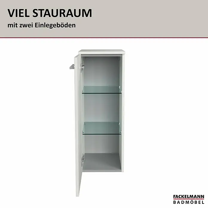 Fackelmann B.style Bad-Midischrank - B x T x H: 30,2 x 32 x 82,6 cm, Weiß, DIN Anschlag: Links - Weißer Wandschrank mit offener Tür und zwei Glasböden.