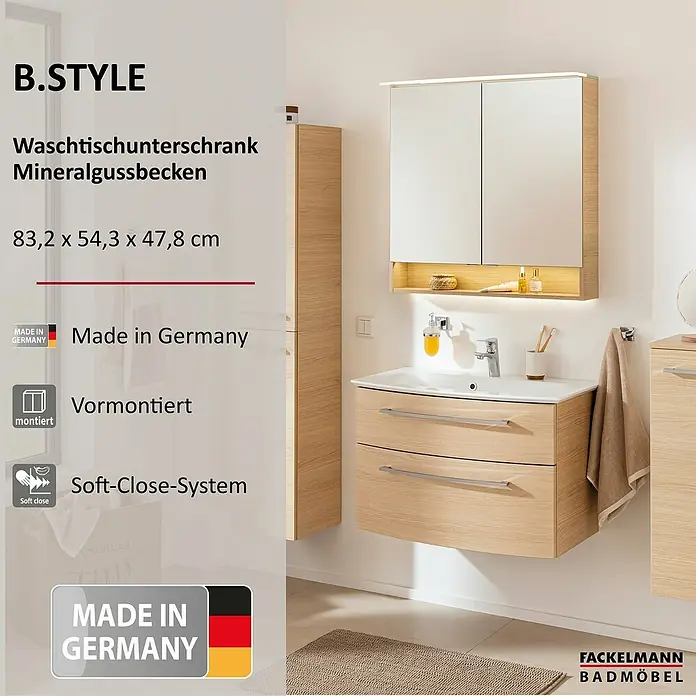 Fackelmann B.style Badmöbel-Set - Gesamtbreite Badmöbel: 83,2 cm, Sandeiche - Moderner Waschtischunterschrank aus hellem Holz mit weißem Mineralgussbecken und Soft-Close-Schubladen, dazu passender Spiegelschrank mit Beleuchtung.