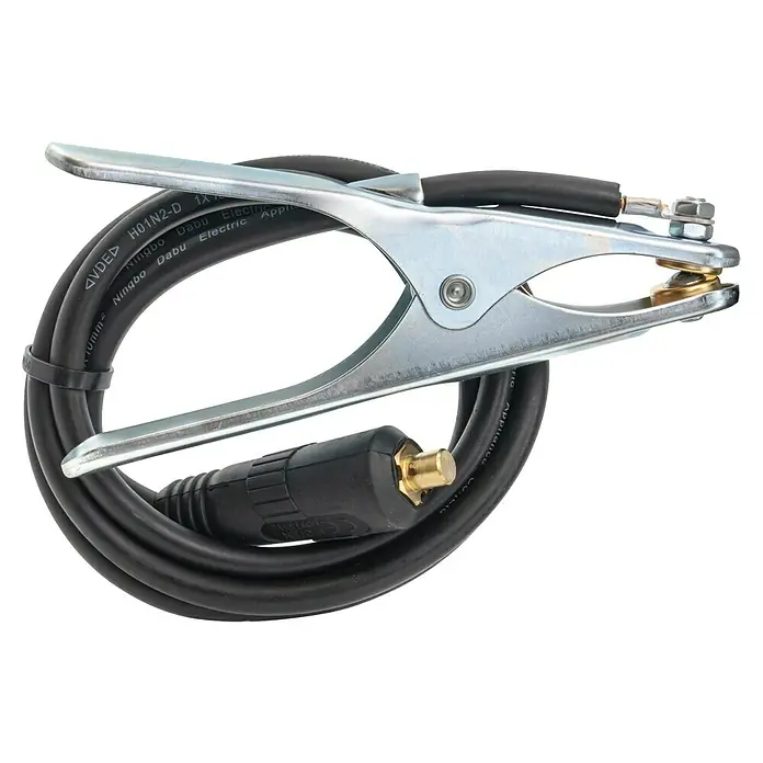 Gys Schweißgerät GYSMI120A - Schweißstrom: 10 A - 120 A, L x B x H: 23 x 15 x 10 cm - Silberne Schweißerdungsklemme mit schwarzem Kabel und Messingstecker.