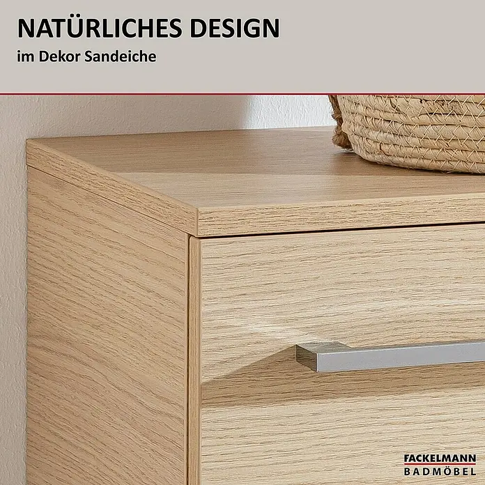 Fackelmann B.style Bad-Midischrank - B x T x H: 60,2 x 32 x 82,6 cm, Sandeiche - Helles Badmöbel im Dekor Sandeiche mit silbernem Griff.
