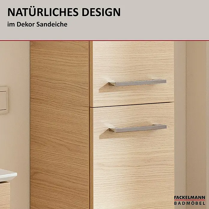 Fackelmann B.style Bad-Hochschrank - B x T x H: 30 x 31,8 x 162 cm, Sandeiche, DIN Anschlag: Rechts - Zwei Schubladen Badmöbel in Sandeiche Dekor mit silbernen Griffen, natürliches Design.