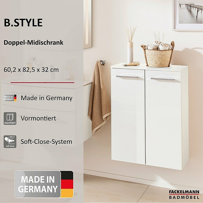 Fackelmann B.style Midischrank (2-türig, B x T x H: 60,2 x 32 x 82,6 cm, Weiß Hochglanz) | BAUHAUS