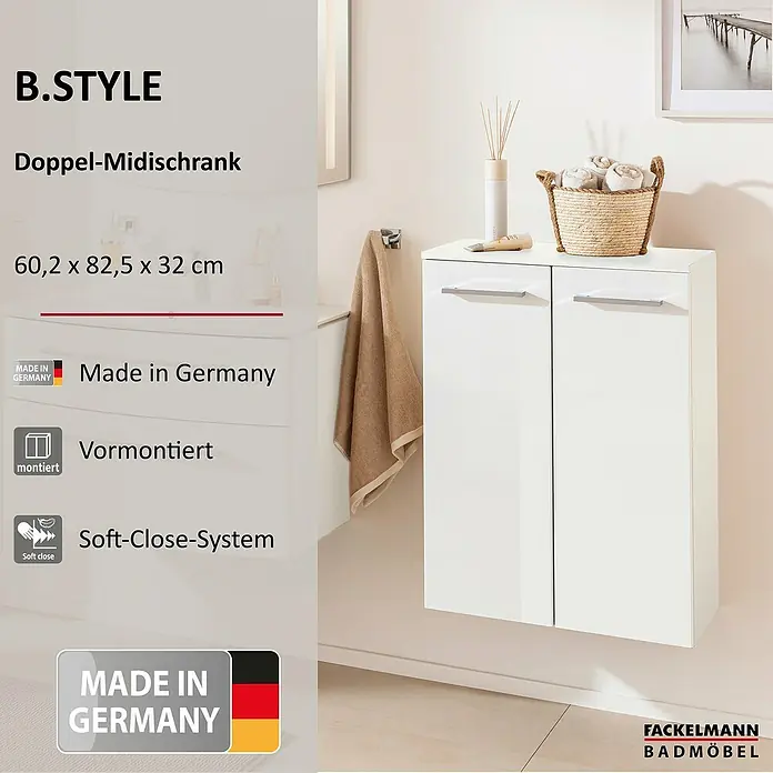 Fackelmann B.style Bad-Midischrank - B x T x H: 60,2 x 32 x 82,6 cm, Weiß - Weißer wandhängender Doppel-Midischrank mit zwei Türen und Soft-Close-System.