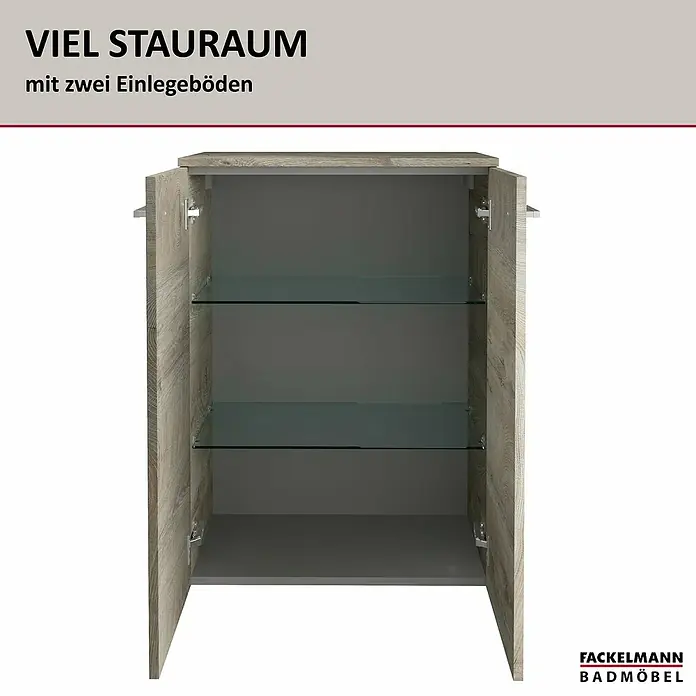 Fackelmann B.style Bad-Midischrank - B x T x H: 60,2 x 32 x 82,6 cm, Nature Oak Holzoptik - Offener Badschrank in heller Holzoptik mit dunkelgrauem Innenraum und zwei Glasböden.
