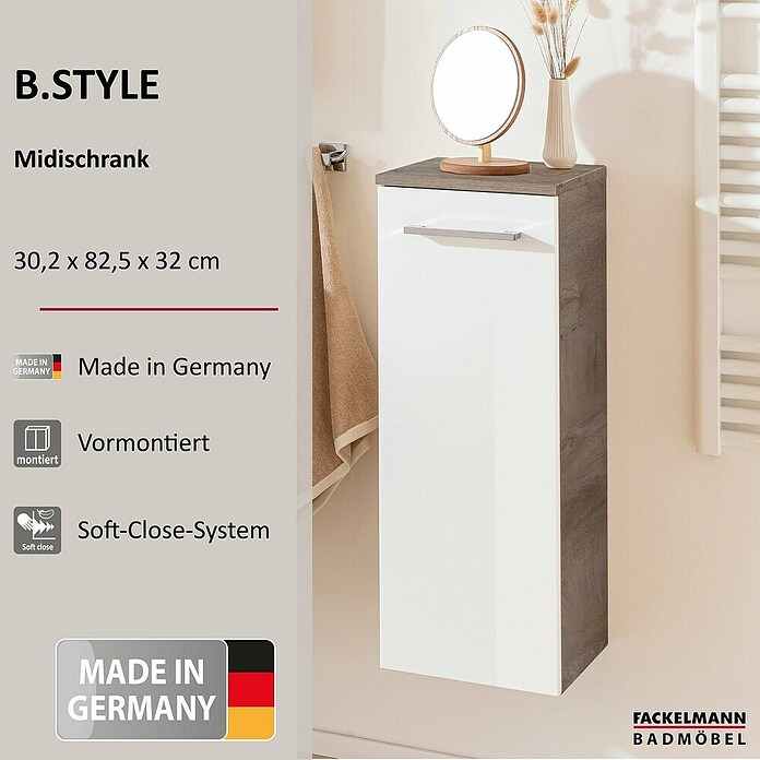 Fackelmann B.style Midischrank (1-türig, B x T x H: 30,2 x 32 x 82,6 cm, Anschlag: Links, Weiß Hochglanz/Nature Oak Holzoptik) | BAUHAUS