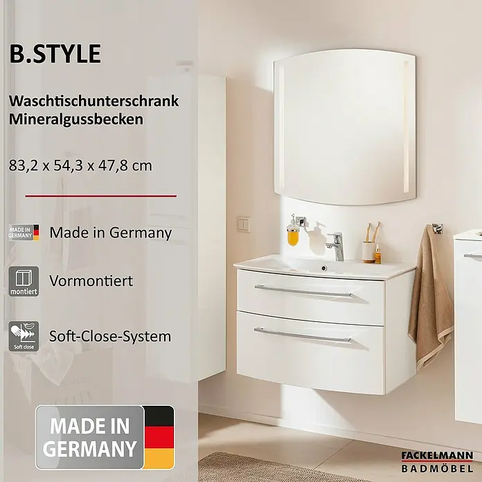 Fackelmann B.style Badmöbel-Set - Gesamtbreite Badmöbel: 83,2 cm, Weiß - Weißer Waschtischunterschrank mit Mineralgussbecken, Soft-Close-System und zwei Schubladen, 83,2 x 54,3 x 47,8 cm. Vormontiert.
