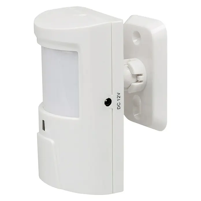 Safe2Home Alarmanlagen-Set SP110 Komplett - Mit Solar-Außensirene, L x B x H: 195 x 136 x 31 mm - Nahaufnahme eines weißen Bewegungsmelders für DC 12V-Stromversorgung, montiert auf einer weißen Wandhalterung.