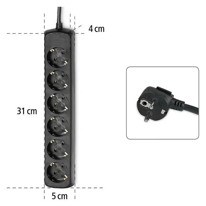 Hama Steckdosenleiste 0030393 - Anzahl Steckdosen: 6 Stück, Kabellänge: 1,4 m, IP20, Schwarz - Schwarze 6-fach Steckdosenleiste, 31x5x4 cm, mit Schuko-Stecker.