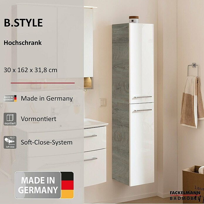 Fackelmann B.style Hochschrank (B x T x H: 30 x 31,8 x 162 cm, Anschlag: Rechts, Weiß Hochglanz/Nature Oak Holzoptik) | BAUHAUS