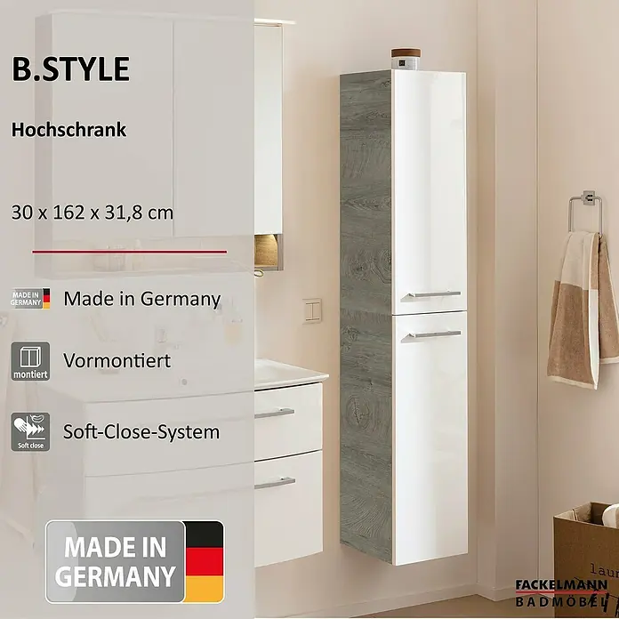 Fackelmann B.style Bad-Hochschrank - B x T x H: 30 x 31,8 x 162 cm, Nature Oak Holzoptik/Weiß, DIN Anschlag: Rechts - Hocher Badschrank B.STYLE mit weißer Hochglanzfront und grauen Holzoptik-Seiten, 30x162x31,8 cm.