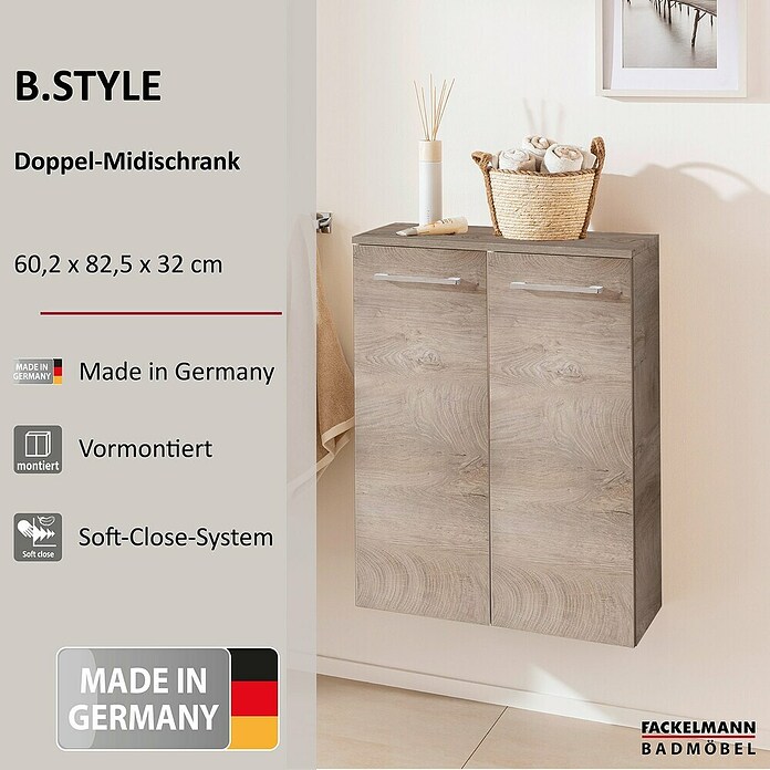 Fackelmann B.style Midischrank (2-türig, B x T x H: 60,2 x 32 x 82,6 cm, Nature Oak Holzoptik) | BAUHAUS